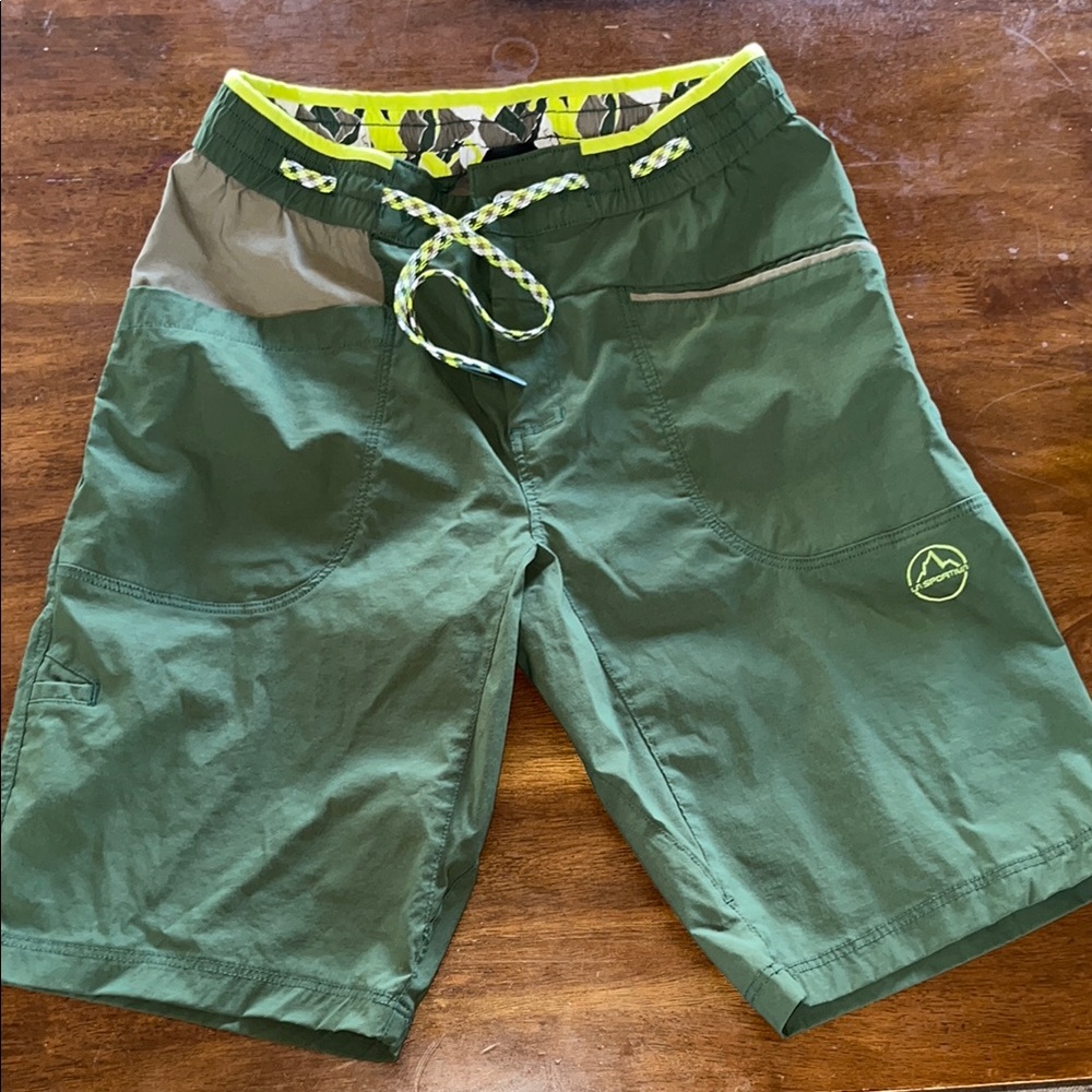 La Sportiva Olive Green Athletic Shorts with Neon Yellow Trim